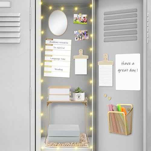 TecUnite Locker Accessories Kit - Magnetic Whiteboard, Shelf, Course Schedule, Mirror, Pen Holder, Dry Erase Pen, Rug, Clips, Light String - 14 Pcs Locker Decorations & Organizer(Gold,Heart Style)