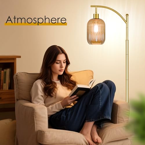 Glass Floor Lamp for Living Room, Modern Gold Standing Lamp with Ribbed Glass Lampshade Pedal Switch, 67¡± Tall Lamp for Bedroom Study Room