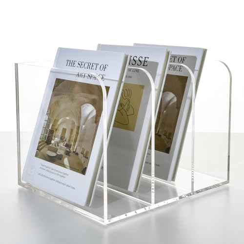 3 Vertical Compartments Clear Acrylic Magazine & File Holder ? Multipurpose Desk Organizer for Documents, Tablets, Magazines, Books ? Office/Home/Classroom Rack