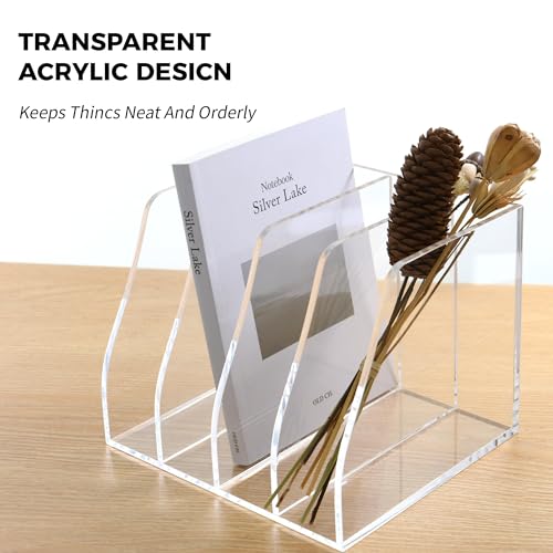 Acrylic Magazine File Holder, 4 Vertical Compartments Desk Document Sorter Organizer, Clear Folder Rack Binder for Office/Home/Classroom, for Documents, Tablet, Magazines, Books & Accessories