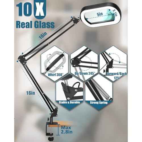 10X Rectangle Magnifying Glass with Light and stand, 2*16 Inch Swivel Arm LED Lighted Clamp Desk Lamp, 5 Color Modes Stepless Dimmable, Large Magnifier with Light for Reading Painting Craft Close Work