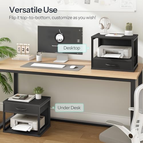 HOOBRO 2-Tier Desktop Printer Stand with Drawer, Under-Desk Printer Table with Storage Shelf, for Home Office, Kitchen, Fax Machine, Scanner, Black BB07PS01