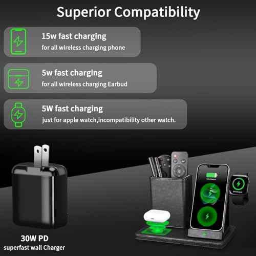 Office Supplies Desk Accessories,Pen Holder Remote Control Holder, Organizer with Phone Charger,Nightstand Desktop Organizer,Black Leather Desk Organizer With Charging Station (black)