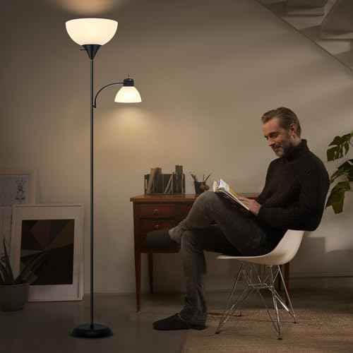 Floor Lamp for Living Room 9W LED Torchiere Floor Lamp with 9W Adjustable Reading Lamp Black 72"" Tall Floor Lamps for Bedroom Office Two Independent Rotary switches Including 2 Light Bulbs., LB-KC05