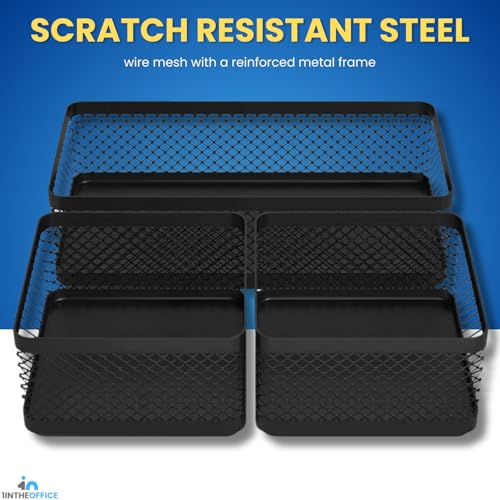 1InTheOffice Mesh Collection Desk Drawer Organizer Tray 3 Compartment - Stackable, Matte Black (2pack)
