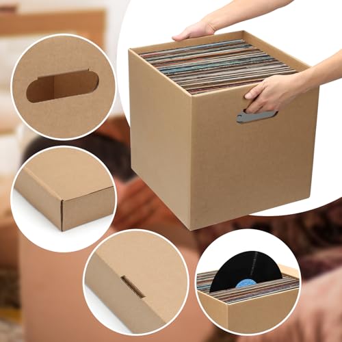 5 Pcs 12'' Cardboard Vinyl Record Storage Box, Moving Box with Double Thickness Handles and Lids Record Album Storage Crate, Cardboard Crate for Album Vinyl Storage