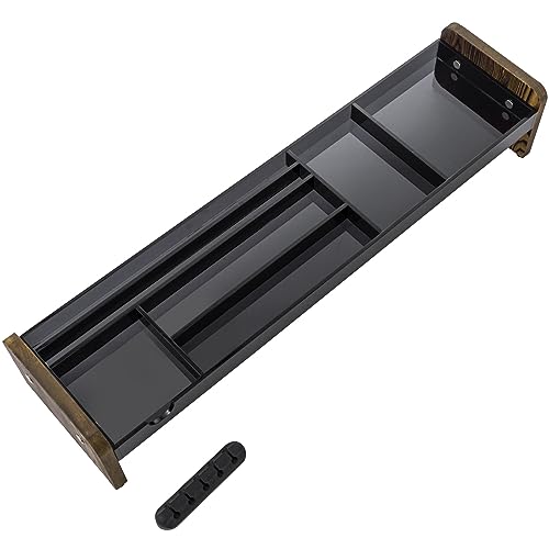 MyGift Premium Dark Gray Acrylic Desk Storage Tray with Rustic Burnt Solid Wood Side Panel Legs, Office Desktop Over Keyboard Supplies Holder, Includes Cable Organizer