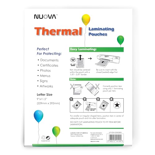 Aurora Nuova Premium Thermal Laminating Pouches 9x11.5 Inch 3 Mil - 100 Pack