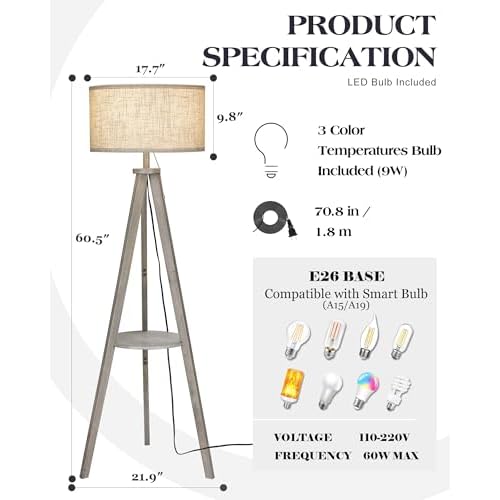 ELYONA Tripod Floor Lamp with 3 Color Temperatures LED Blub, Wood Floor Lamp with Table - Farmhouse Tall Reading Standing Light for Living Room, Bedroom, Office, Study Room, Pull Chain Controls, Grey