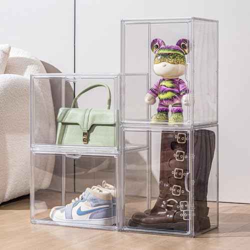 XXX-Large 4 Tier Clear Display Case for Figures 15.7"X11.8"X9.8" Extra Large Storage Box with Adjustable Shelves & Magnetic Door Stackable Organizer for Anime Figures, Cosmetics, Collectibles