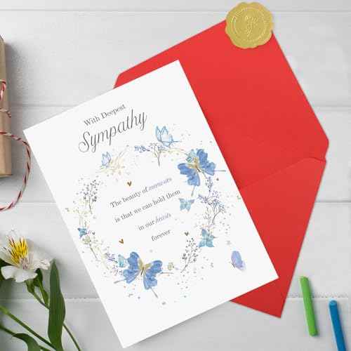Sympathy Cards with Blue Butterfly Design, Elegant Condolence Greeting Card for Loss, Double-Sided 8 x 5.3 Inch with Envelope