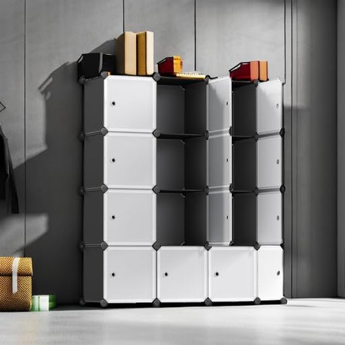 SONGMICS Cube Storage Organizer, Set of 12 Plastic Cubes, Closet Storage Shelves, DIY Plastic Closet Cabinet, Modular Bookcase, Shelving with Doors for Bedroom, Living Room, Black and White ULPC34HV1