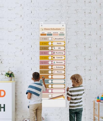 White 15+1 Pockets Daily Schedule Pocket Chart with 24 Double-Sided Cards - Boho Classroom Organizer for Teachers