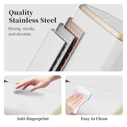 2.1 Gallon Bathroom Trash Can with Lid Press Top, 8 Liter Stainless Steel Garbage Can with Press Type Lid, Slim Trash Bin Waste Basket for Toilet, Office, Bedroom, Living Room (White)