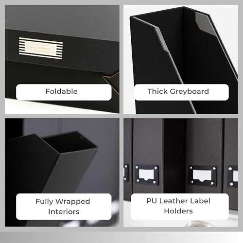 BLU MONACO Black Foldable Magazine File Holders Set of 6 - Vertical Desk Organizers