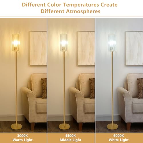 HMVPL Gold Floor Lamp for Living Room, Brass Pole Standing Lamp with K9 Crystal Shade, Modern Corner Standing Lamp for Bedroom with On/Off Switch, Elegant Crystal Tall Lamp for Office Kids Girls Room