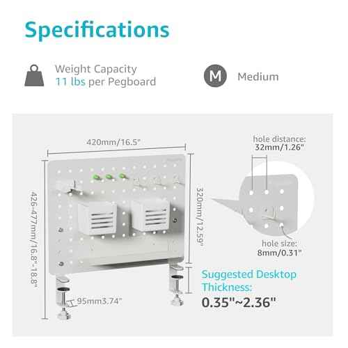 Clamp-on Desk Pegboard, Desk Organizer for Office Gaming Home, Magnetic Metal Peg Board with 10 Accessories, Privacy Panel for Office, 16.5" x 12.6", Medium, White