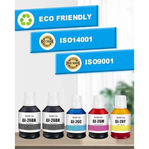 GI-26 Ink Refill Bottle Replacement for Canon GI 26 GI26 Pigment Ink Work for Canon MAXIFY GX3020 GX4020 GX5020 GX6020 GX6021 GX7020 GX7021 Printer (Black 170ml, CMY 135ml, 5-Pack)