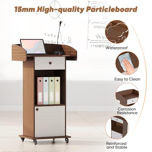 Suuiwau Portable Rolling Podium with Drawer, Cabinet & 4 Locking Wheels – Brown/White