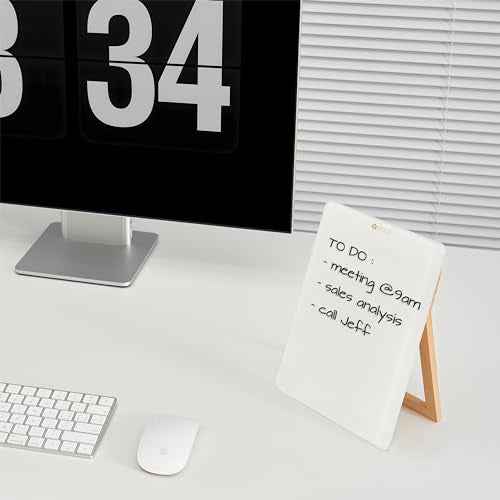 Desktop Glass Whiteboard with Reversible Wood Stand, Small White Board, Mini Dry Erase Whiteboard Easel for Desk, Reusable Desk Notepad 9.5"x6.7" for Home, Office, Accessories Included, Yeoux