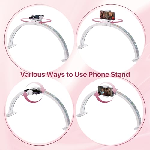 Half Moon Light for Nail Desk 29 inch, Foldable Nail Light for Desk with Phone Holder 3000K-6000K 10 Adjustable Brightness, LED Table Lamp for Manicure, Tattoos, White with Diamonds