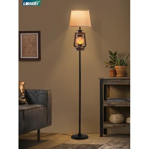LEDIARY LED Flashing Flame Night Lantern Farmhouse Floor Lamp for Living Room, Rustic Standing Lamp with Beige Linen Drum Lampshade, Lantern Floor Lamps for Bedroom Home Decor