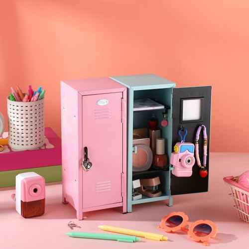 2 Pcs Christmas Mini Locker with Lock and 2 Keys 10.8 Inch Miniature Small Storage Locker Real Littles Cute for Xmas Santa Desktop School Home Office Container(Pink Teal)