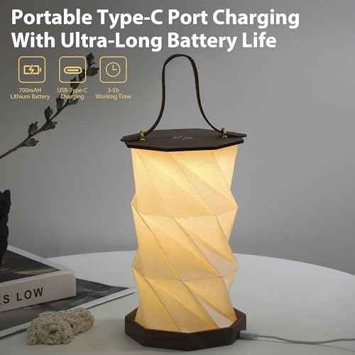 Ba sus Wooden Rotating Table Lamp, Warm Light Design with Leather Handle, Long Press Dimming Function, Built-in Battery & USB Rechargeable, Adjustable Heights for Bedroom, Living Room, Camping