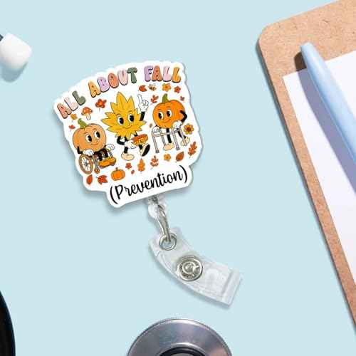 Funny Fall Badge Reel ? Retractable Cute ID Badge Holder with Alligator Clip for PT OT Therapy Nurse Assistant CNA, All About Fall Prevention Gifts for Home Health Caregiver, Long-Term Care