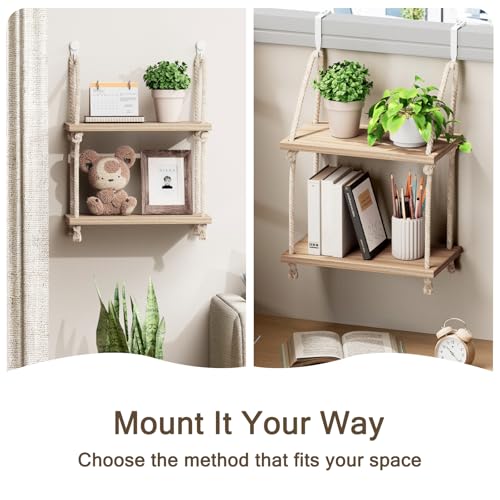 2-Tier Wooden Wall Shelf for Cubicles with Hooks & Rope - Office Storage Organizer