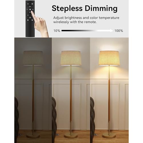 JOOFO Mid-Century Modern Wood Floor Lamp with Dual Fabric Shade, Remote Control, Dimmable & Adjustable Color Temperature, Reading & Living Room Lamp, Easy Clean Cover, Foot Switch