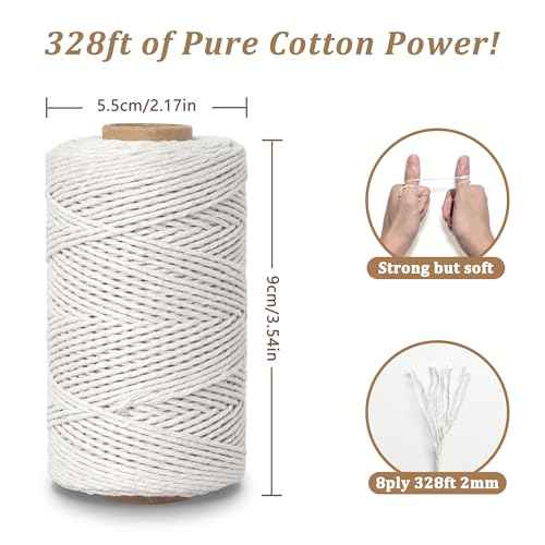 Butchers Twine for Cooking, Baking & Crafts - Food Safe Kitchen Twine for Tying Meat, Trussing Turkey, Roasting, Sausage Making - Strong Cotton Rope for Garden, Crafts & Packing, 328ft 2mm(Beige)