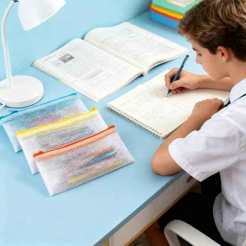 100 Pack Pencil Case Pouch Bulk, 9.5'' x 4.5'' Small Clear Mesh Zipper Pencil Pouch Bags Waterproof Pencil Holder Pouches for Classroom Office File Travel Bill Stationery, 10 Colors