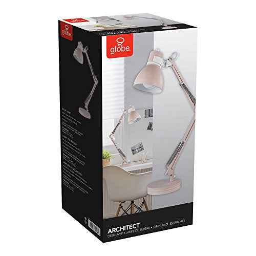 GLOBE Electric 52028 28" Swing Arm Architect Desk Lamp, Matte Rose Finish, White Accents, Rotary Switch on Shade, Partially Adjustable Arm, Modern Lighting for Bedroom or Office, E26 Base