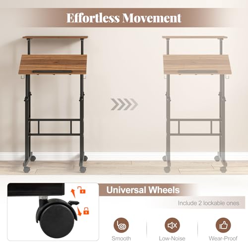Giantex Mobile Standing Desk, Portable Stand Up Desk Adjustable Height with Wheels, Tilting Tabletop & Hanging Hooks, Home Office Computer Workstation