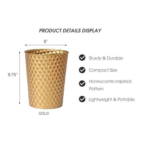 Small Metal Trash Can Wastebasket, Decorative Honeycomb Garbage Can Waste Basket, Modern Farmhouse Round Trash Bin for Bathroom, Bedroom, Kitchen and Office (Gold)