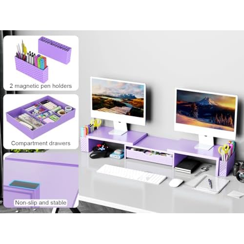 Spacrea Metal Desk Organizers and Accessories, Dual Monitor Stand Riser with Drawer and 2 Pen Holders, Desk Accessories & Workspace Desktop Organizers for Office Supplies (Purple)