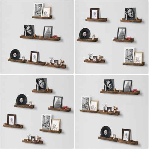 Vinyl Record Shelf Wall Mount, 6 Pack 12 inch Album Record Holder Display, Wood Floating Shelves for Wall Decor, Album Shelves, Kids Bookshelf, Magazine Rack, Walnut