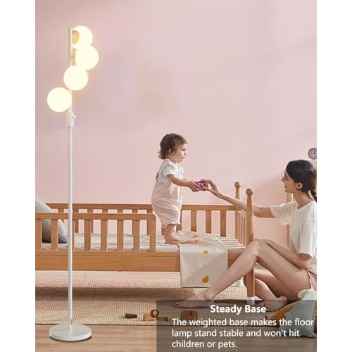 FAITHSAIL 4 Globe Mid Century Floor Lamp, Dimmable Modern Standing Lamp with PC Shade & 4pcs Warm White LED Bulbs, White Tall Tree Lamp for Living Room, Bedroom