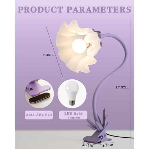 Flower Desk Lamp with Clamp - School Dorm Supplies, 3 Color Modes Flower Eye-Caring Clip on Light, Flexible Gooseneck Reading Lamps for Home College Studying Room Bedside (Purple)