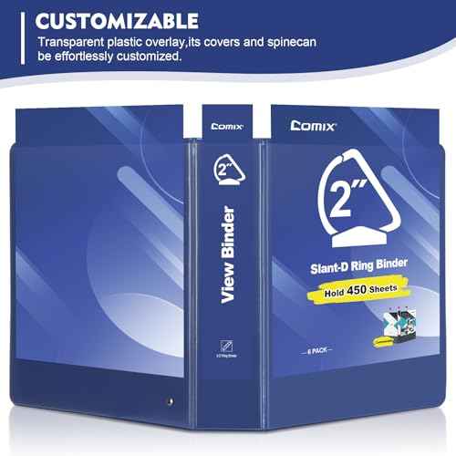 COMIX Sturdy 3 Ring Binder 2 inch with Clear View Cover, 2" Slant-D Ring View Binder Holds 500 Sheets of US Letter Size Paper, 6 Pack (Blue)