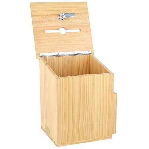 Wood Charity Donation collection Box Office suggestion Ballot Box With wide slot for envelopes and suggestion comment forms, side Pocket and Locking Hinged Lid & Pen for Table Or Counter-top(Natural)