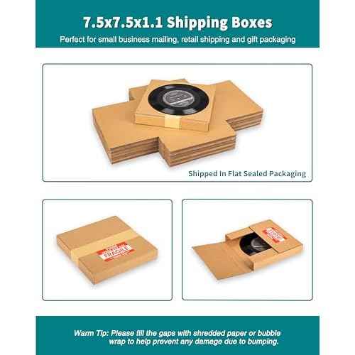 50 Pack 7" 45 RPM Vinyl Record Mailers, 7.5"L x 7.5"W x 1.1"H Kraft Corrugated Album Shipping Boxes for Small Business Packaging Mailing Moving Storage, with Fragile Stickers