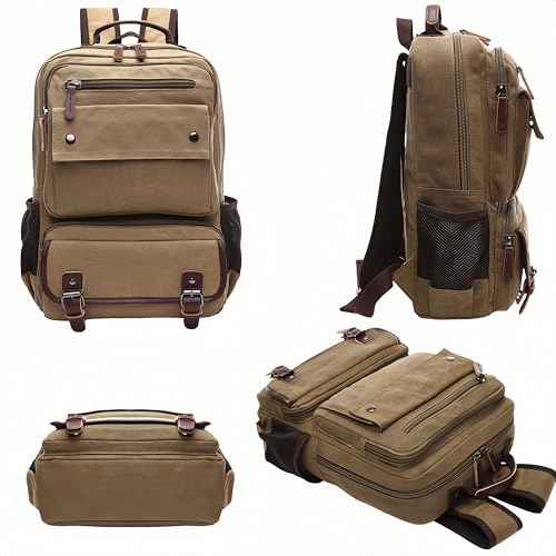Canvas Backpack for Men Women, Vintage Rucksack Fit 15.6 Inch Laptop Travel Rucksack for Casual Hiking Travel Commute (Khaki)