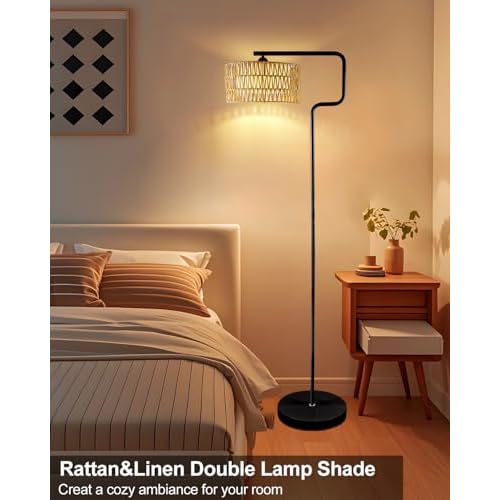 Lightdot 62IN Arc Rattan Floor Lamps for Living Room, Boho Standing Lamp with Rattan& Linen Double Lampshades, E26 3000K Soft Warm White Bohemian Caged Floor Lamp for Bedroom, Office-Black