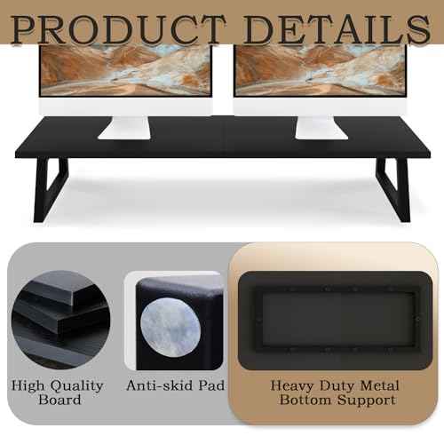 TEAMIX 31.5 inch Dual Monitor Riser, Long Black Monitor Stand Riser Wide TV Stand Riser Monitor Stand for 2 Monitors Wood & Steel Desktop Riser Desk Organization Home Office