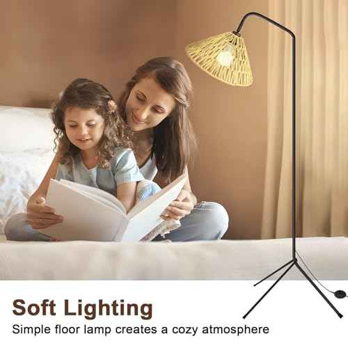 2025 Arc Floor Lamp with Paper Rope Shade Tripod Feet Floor Lamp Boho Style Natural Materials Standing Lamp for Bedroom Living Over Couch Reading Lamp