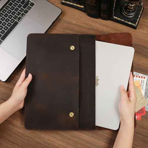 Leather Tablet Sleeve - 11/12.9/13 Inch iPad Pro Sleeve, Document Holder Folio File Holder, Genuine Leather iPad Case for Protection and Style-Dark Khaki
