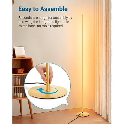 DEWENWILS Floor lamp, 1100Lumen Modern Dimmable Corner Floor Lamp with 3000K Warm Light & Foot Switch, 57.5" Tall Standing Lamp for Living Room, Bedroom, Gold