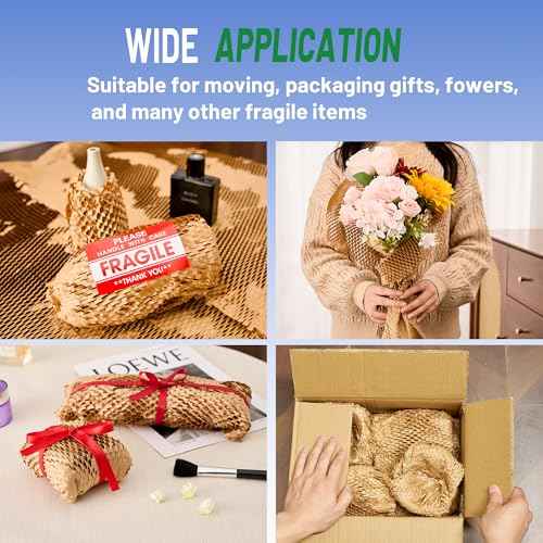 Honeycomb Packing Paper 15"x400' - Bubble Wrap Eco-Friendly Alternative, Recyclable Cushioning Material for Shipping, Moving & Small Business Packing Supplies with 20 Fragile Sticker Labels